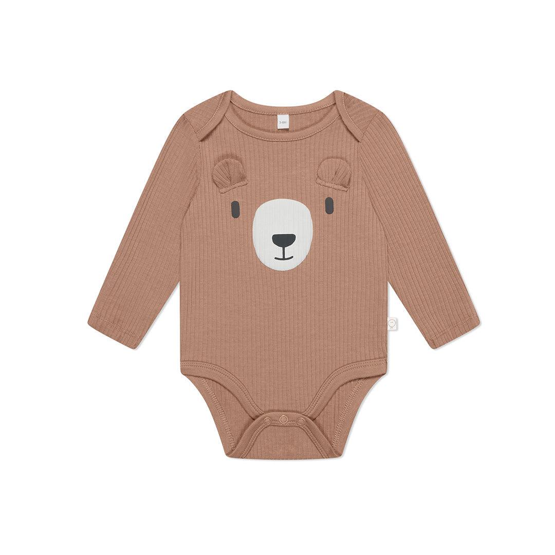  MORI Ribbed Bear Face Long Sleeve Bodysuit - Bear + Brown、mySite、merchandisen
