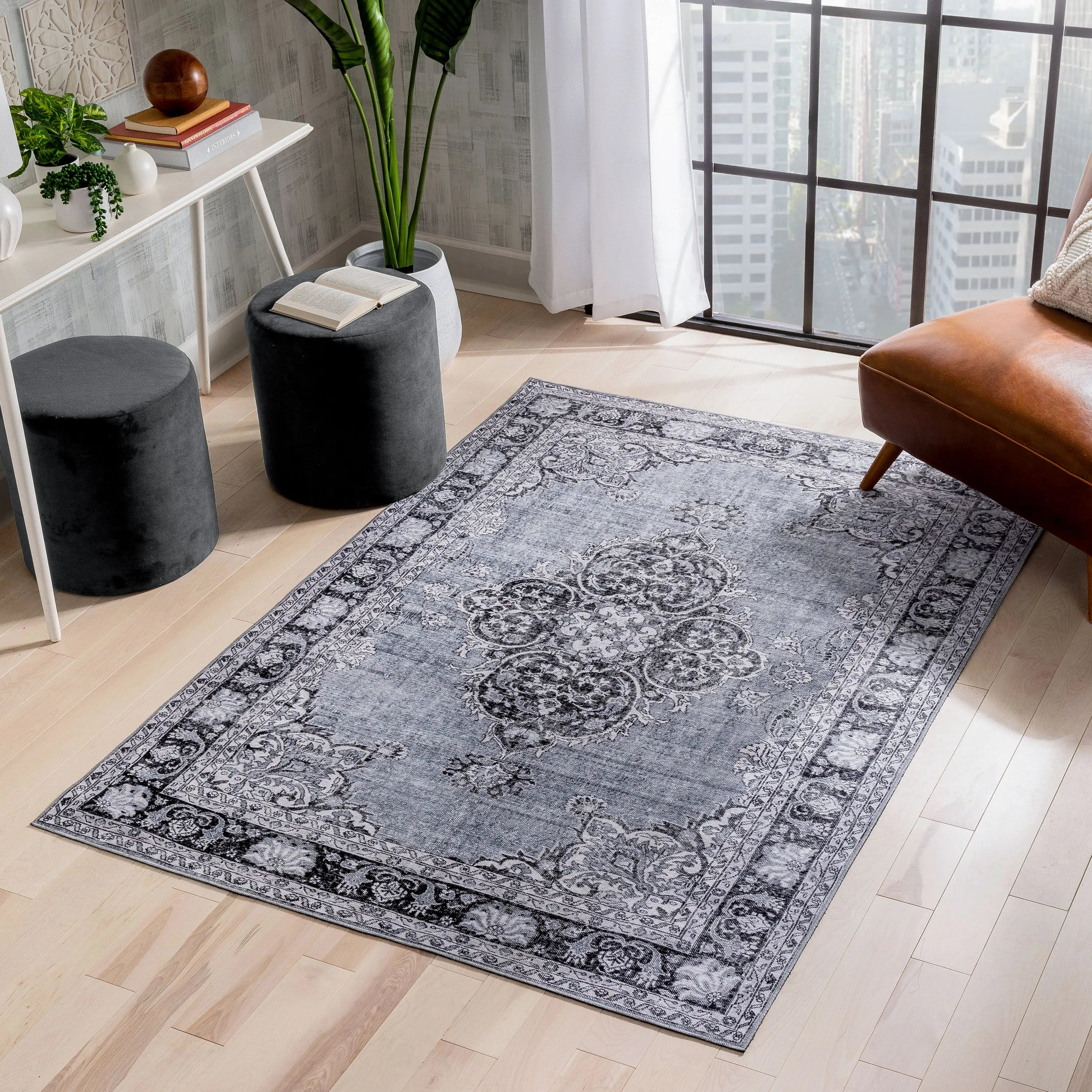 Tarifa Vintage Bohemian Medallion Grey Machine Washable Rug、mySite、gigharbornorthrealestate