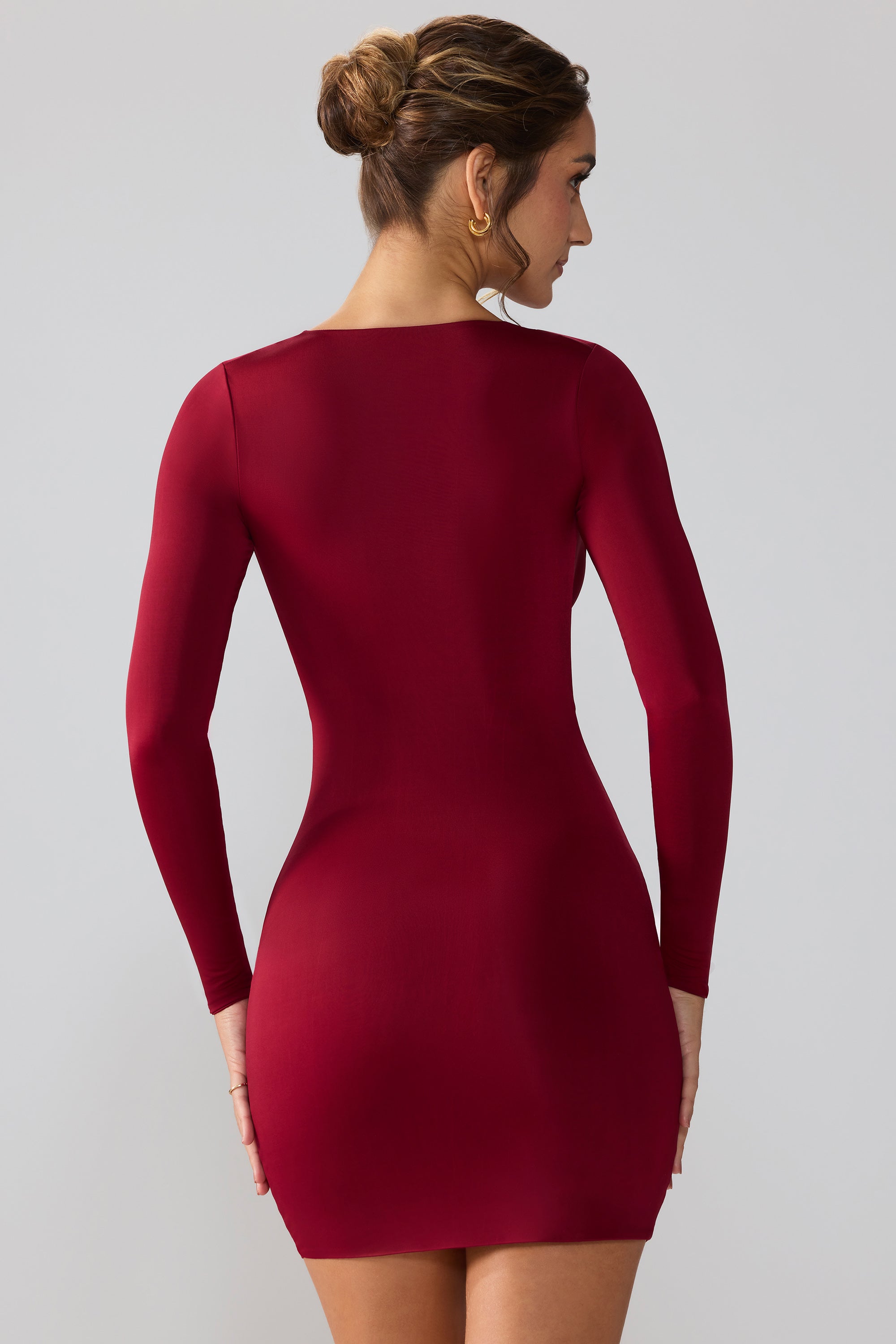 Slinky Jersey Long Sleeve Plunge Neck Mini Dress in Ruby、mySite、solidvoid