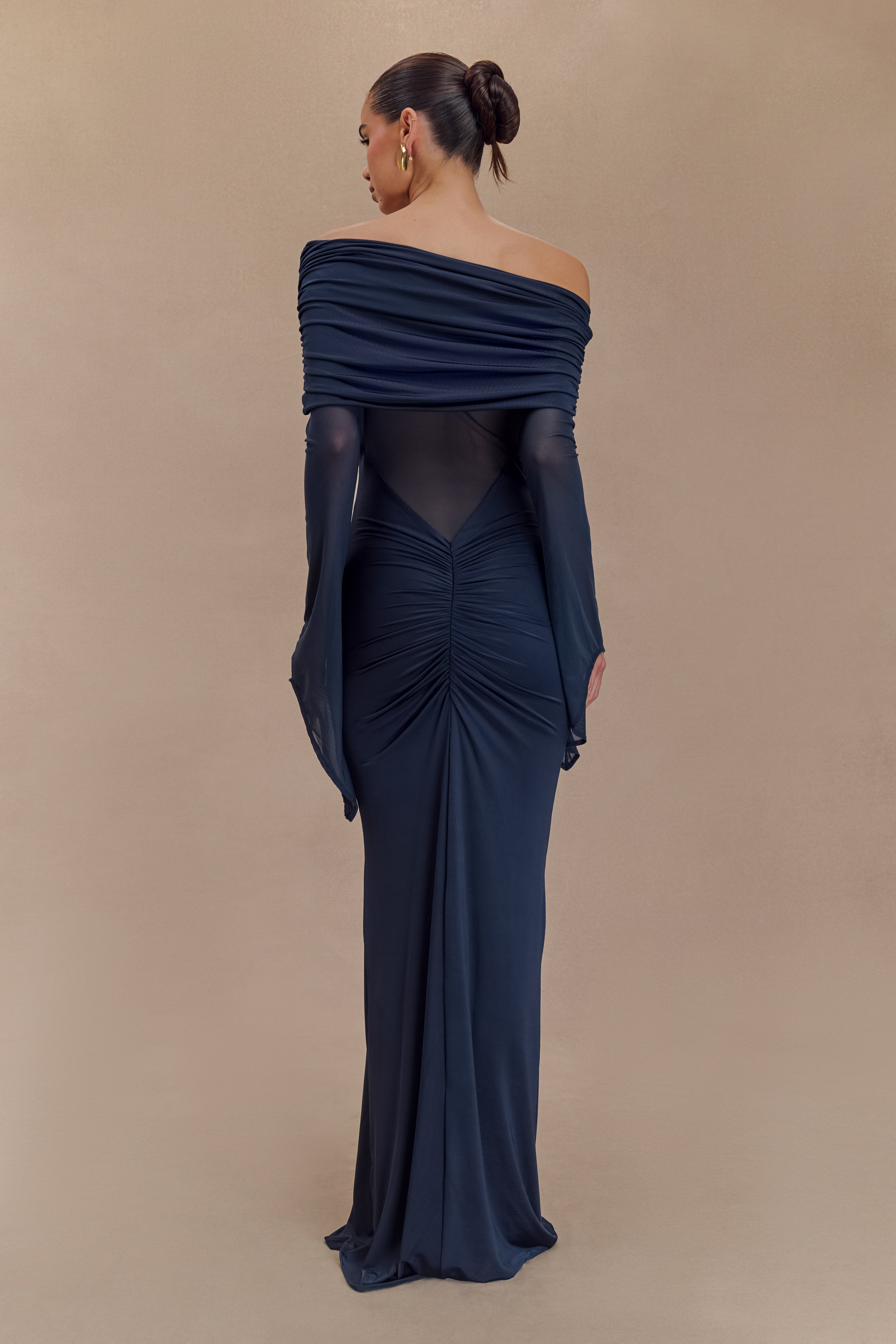 Kaitlin One Shoulder Slinky And Mesh Maxi Dress - Midnight Blue、mySite、solidvoid
