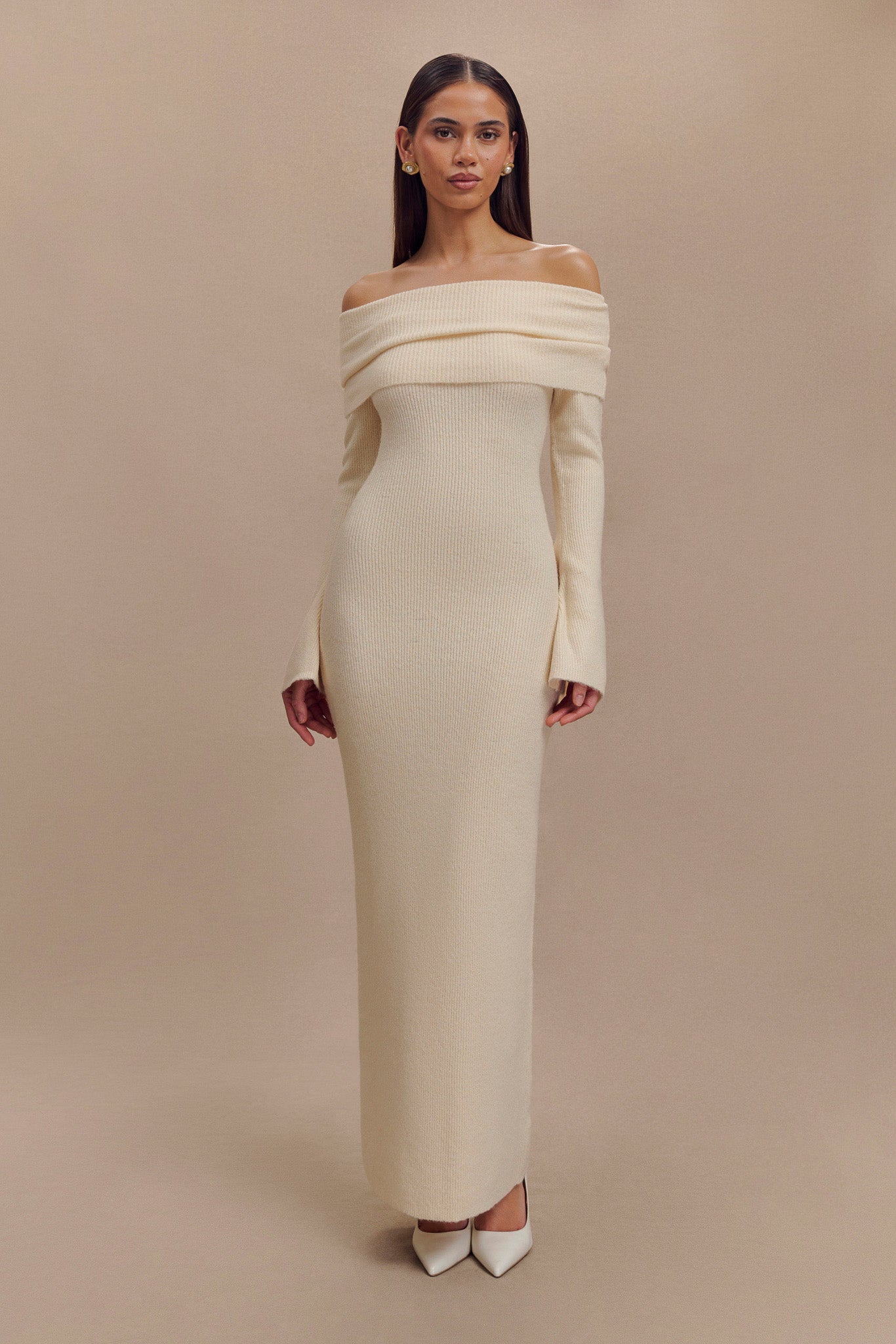 Katherine Off Shoulder Knit Maxi Dress - Ivory、mySite、solidvoid