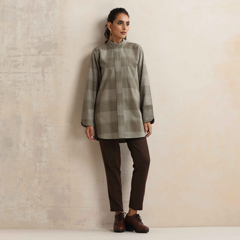 Cotton High Neck Short Kurta For Women | Checkered Print | Green、mySite、camillekostekn