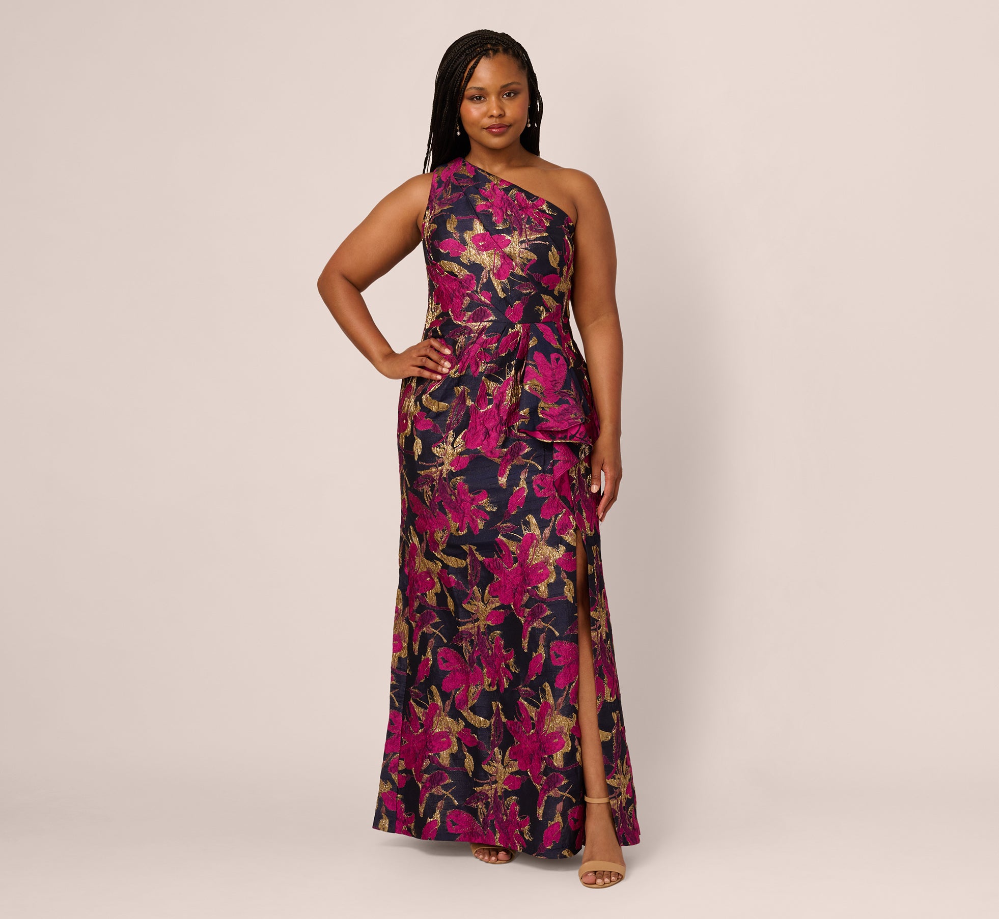 Plus Size One Shoulder Jacquard Dress In Navy Pink、mySite、solidvoid
