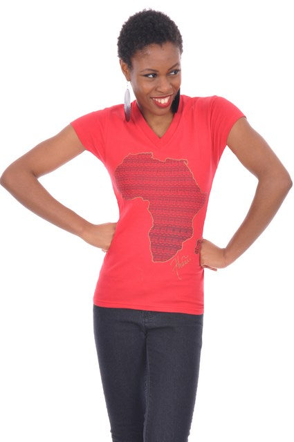 Ladies Red Mud Cloth Print Map of Africa V-neck T-shirt-DP3308、mySite、solidvoid