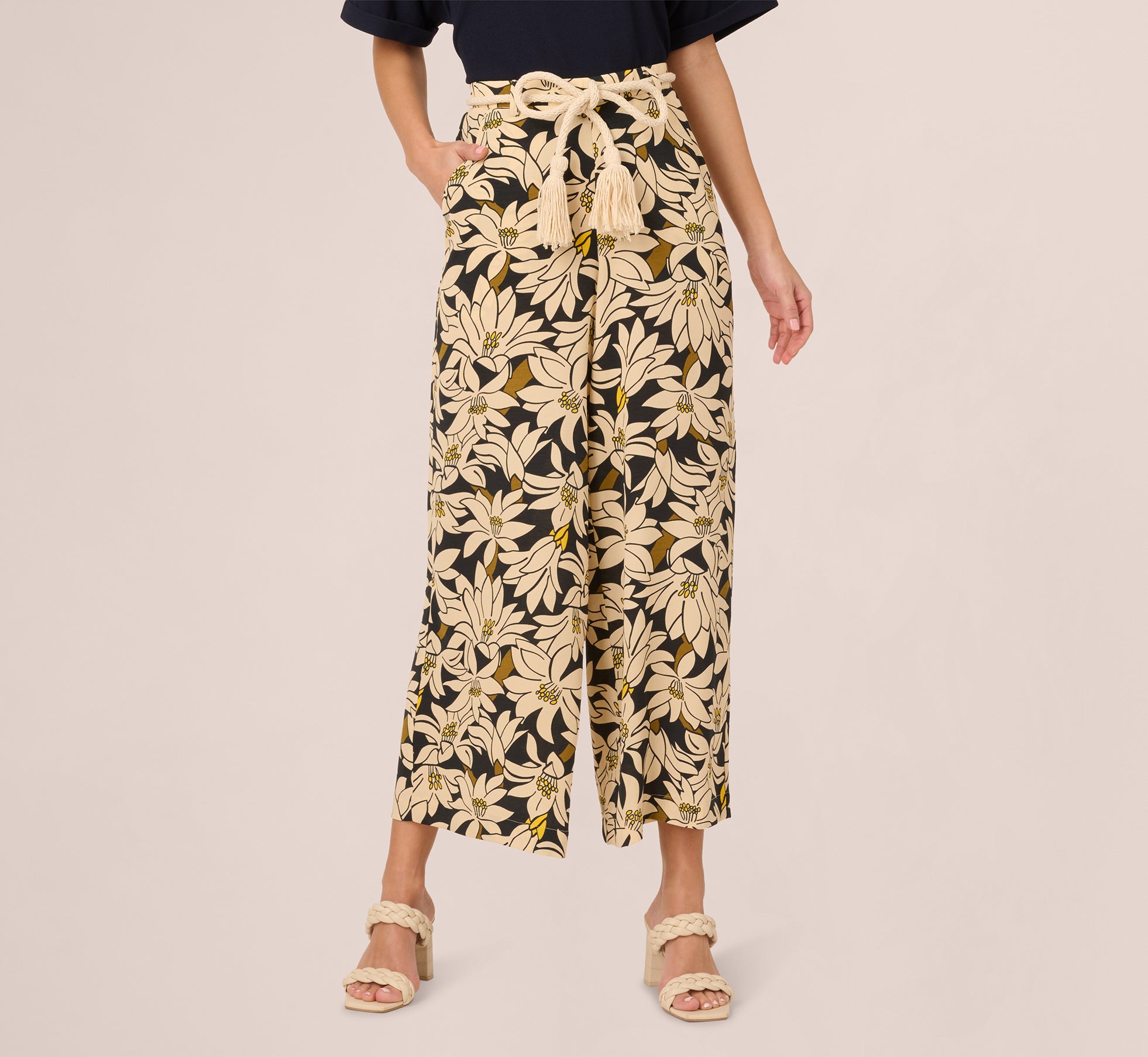 Rope Belt Floral Printed Wide Leg Pant In Black Olive Lily、mySite、solidvoid