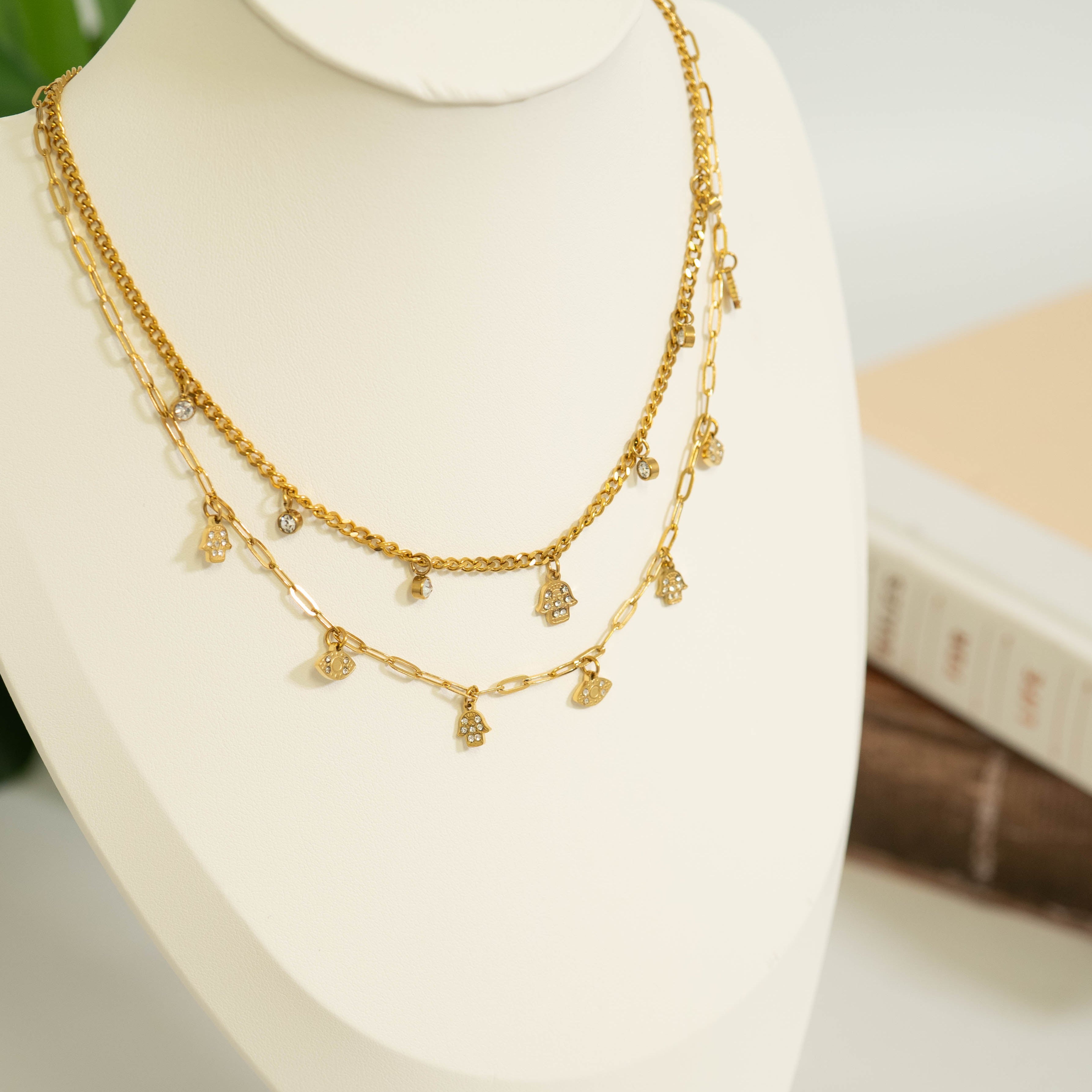 18K Gold PVD Hamsa & Evil Eye Convertible Charm Necklace / CHN0068、mySite、dreamappss