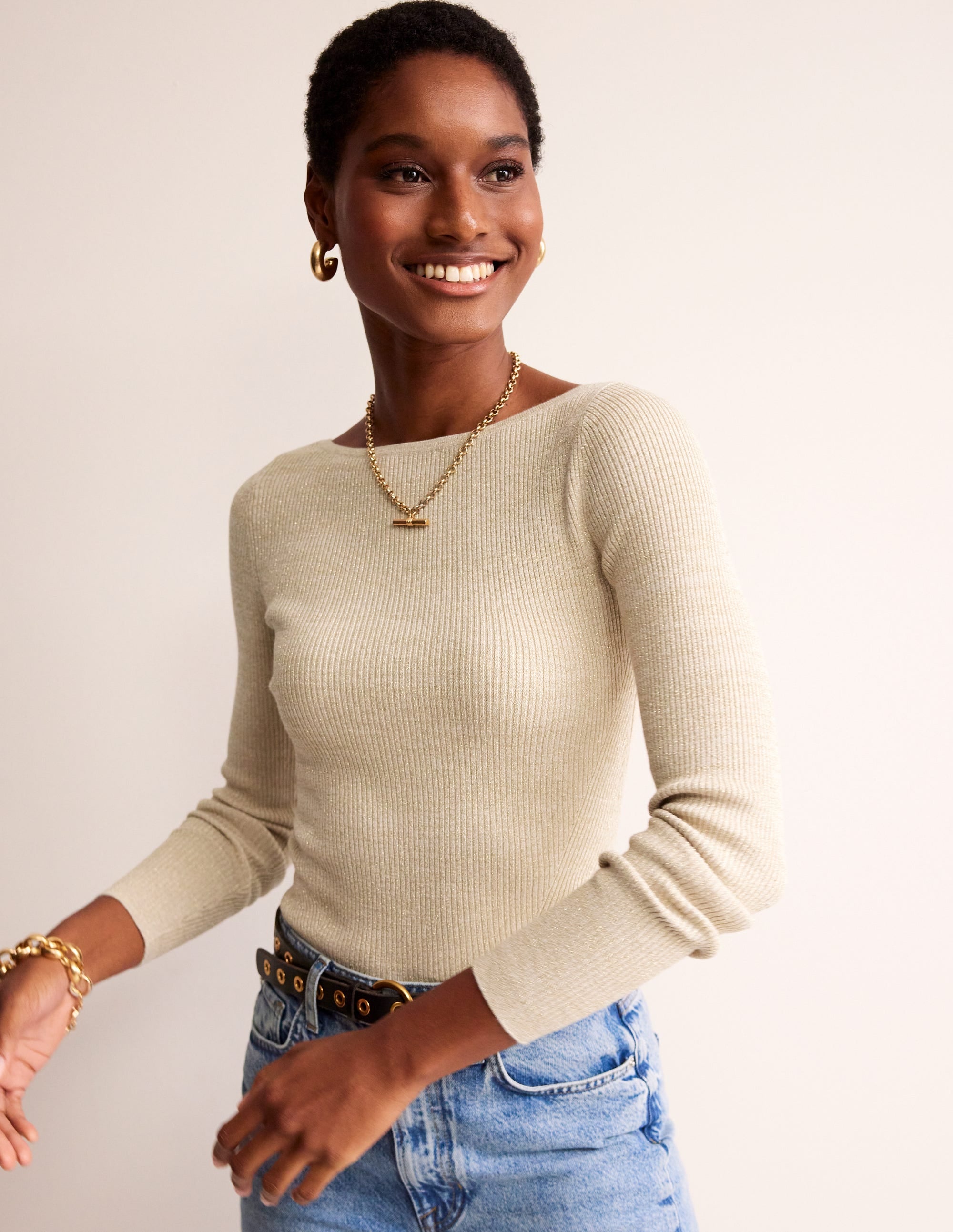  Cotton Rib Boat Neck Sweater-Gold Metallic、mySite、ashleygrahame