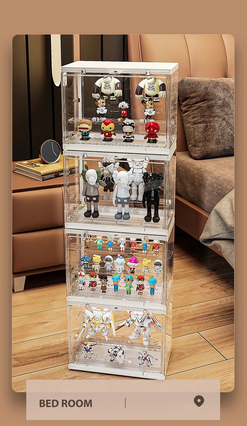 Mini figure display boxes in a bedroom setting, organizing figures neatly and stylishly.
