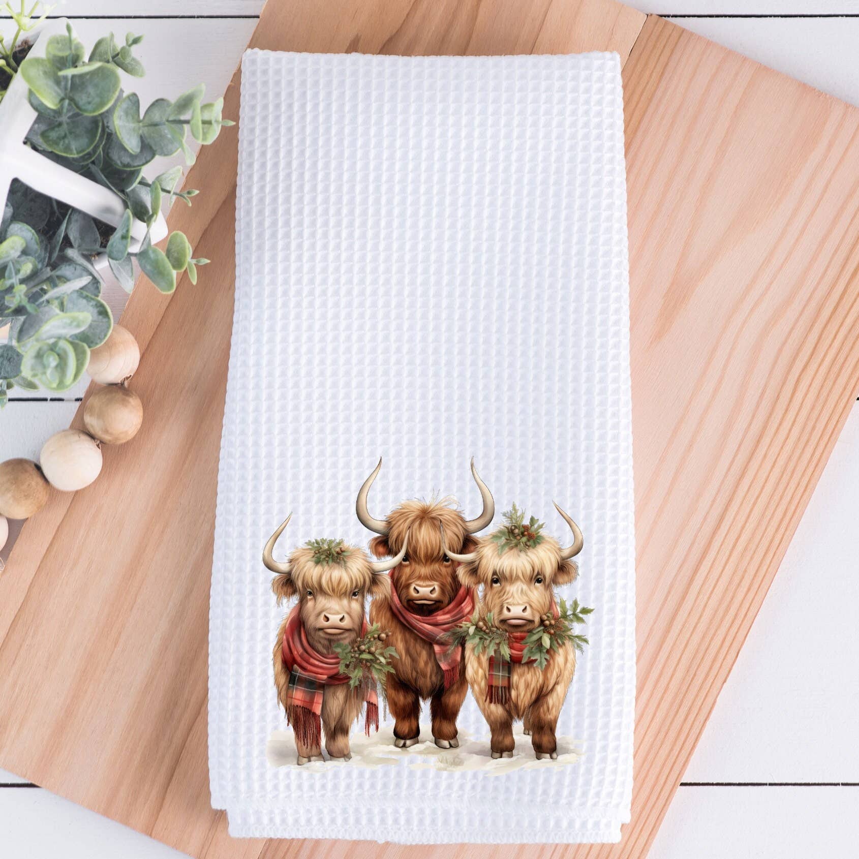 Highland Cow Trio Holiday Waffle Knit Ranch Farmhouse Kitchen Towel、mySite、g9winljtr