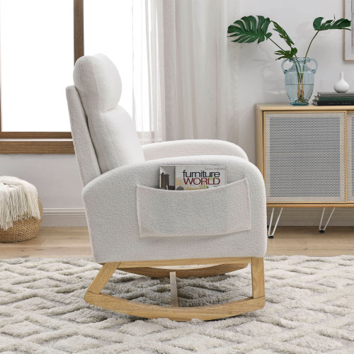 Video Welike 27.6"W Modern Accent High Backrest Living Room Lounge Arm Rocking Chair, Two Side Pocket ,Teddy White (Ivory)、、casual