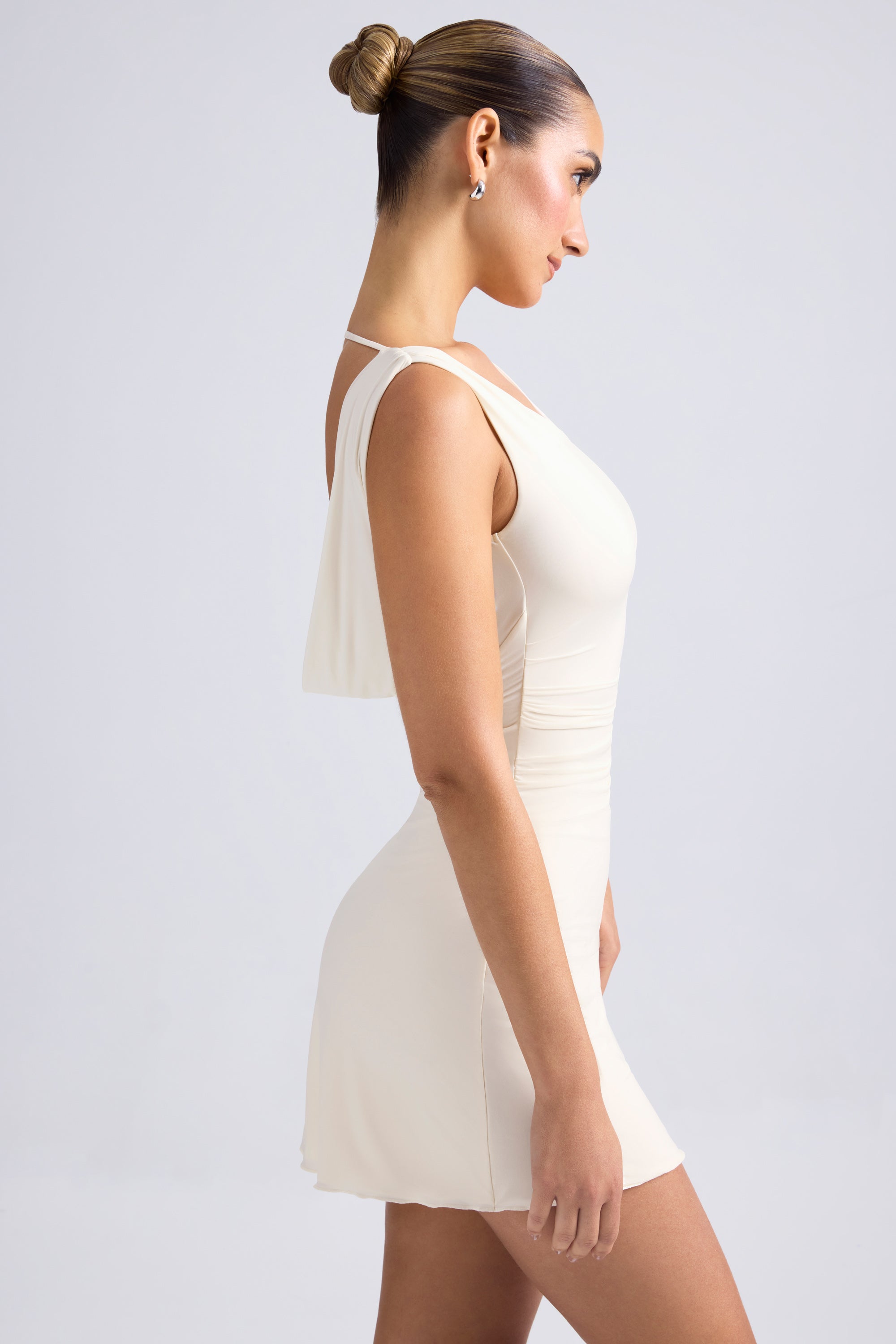 Off-Shoulder Cowl-Back A-Line Mini Dress in Ivory、mySite、solidvoid
