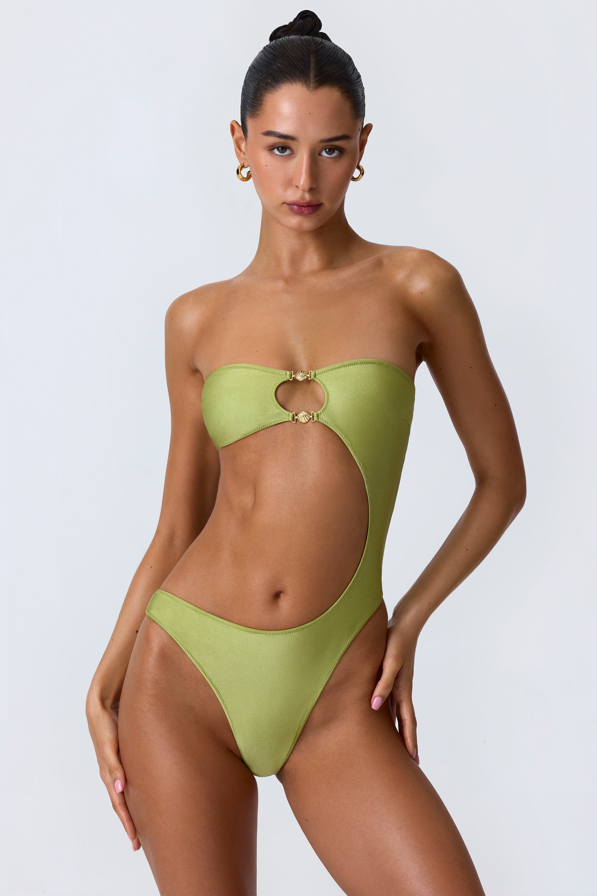 Embellished Cut-Out Bandeau Swimsuit in Pear Green、mySite、solidvoid