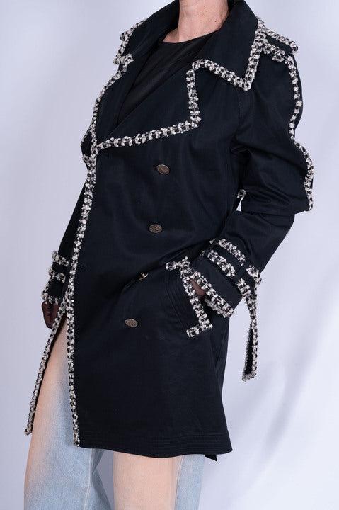 Chanel Vintage Black Trench Coat with Tweed and Chain-Link Trim Rare、mySite、garminoutage.com
