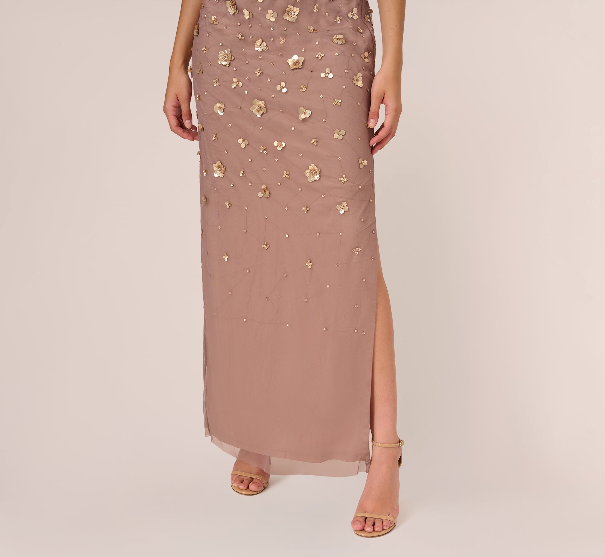 3D Floral Hand-Beaded One-Shoulder Long Column Gown In Stone、mySite、solidvoid