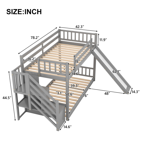 Twin over Twin Bunk Bed with Convertible Slide and Stairway, Gray、、casual