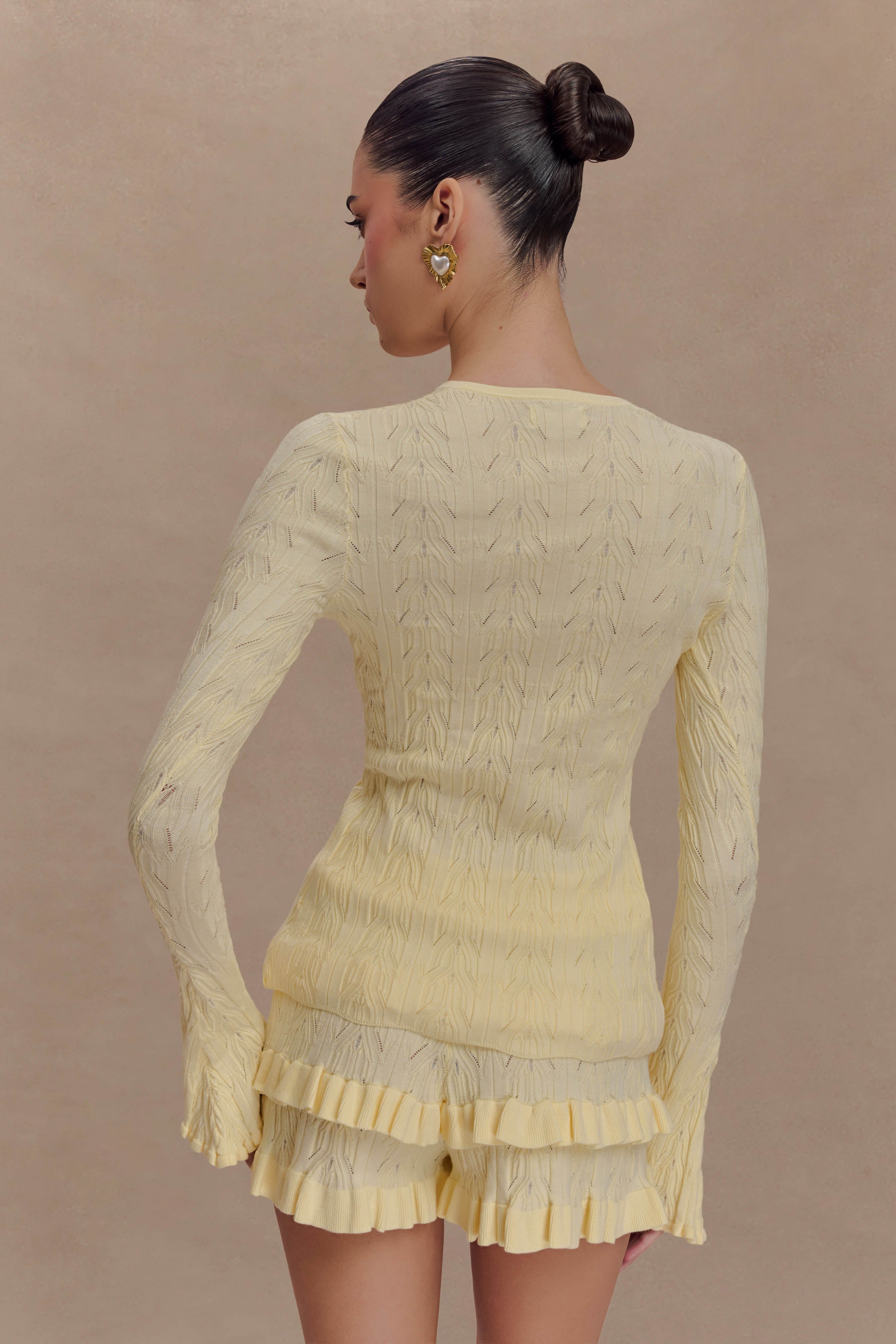 Amy Pointelle Bell Sleeve Cardigan - Lemon、mySite、solidvoid