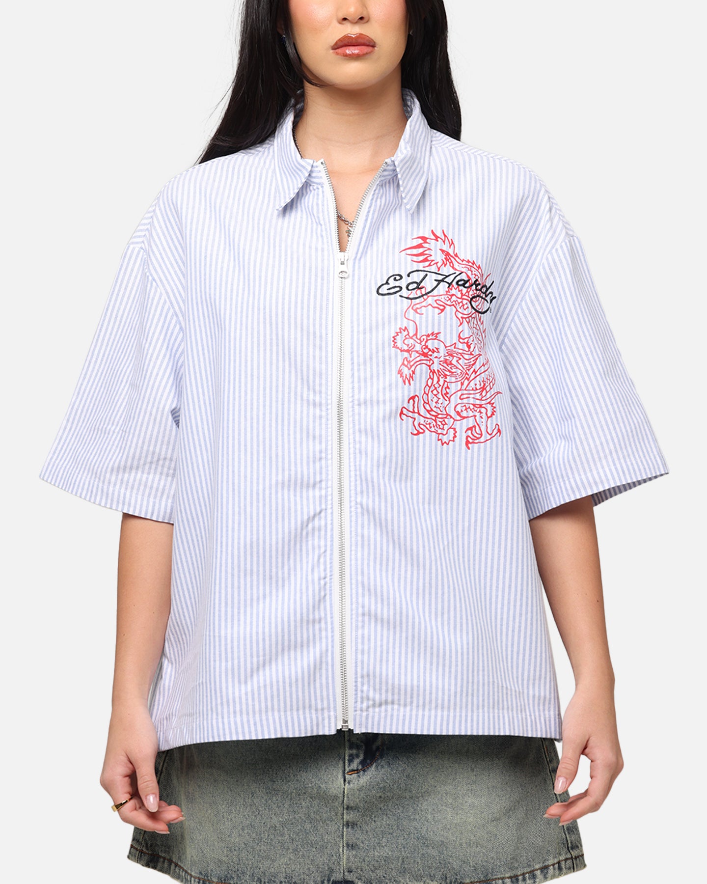 Ed Hardy Dragon Zip Shirt Blue Pin Stripe、mySite、zt4zffjzw