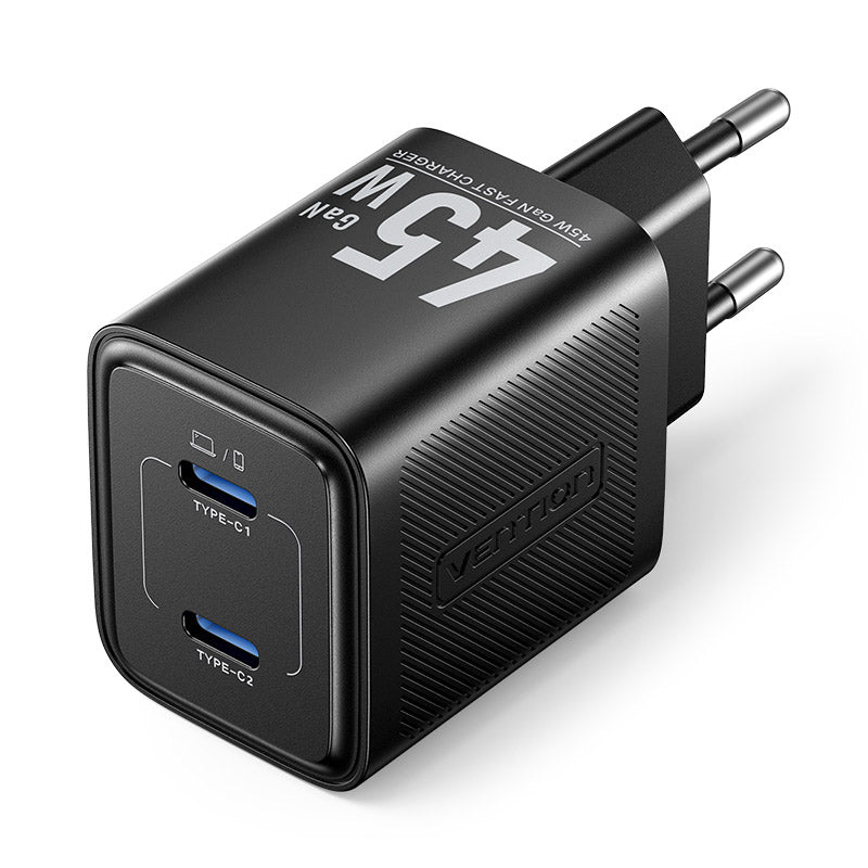 Vention 2-Port USB (C + C) GaN Charger (45W/45W) EU-Plug Black、mySite、fannypackpong