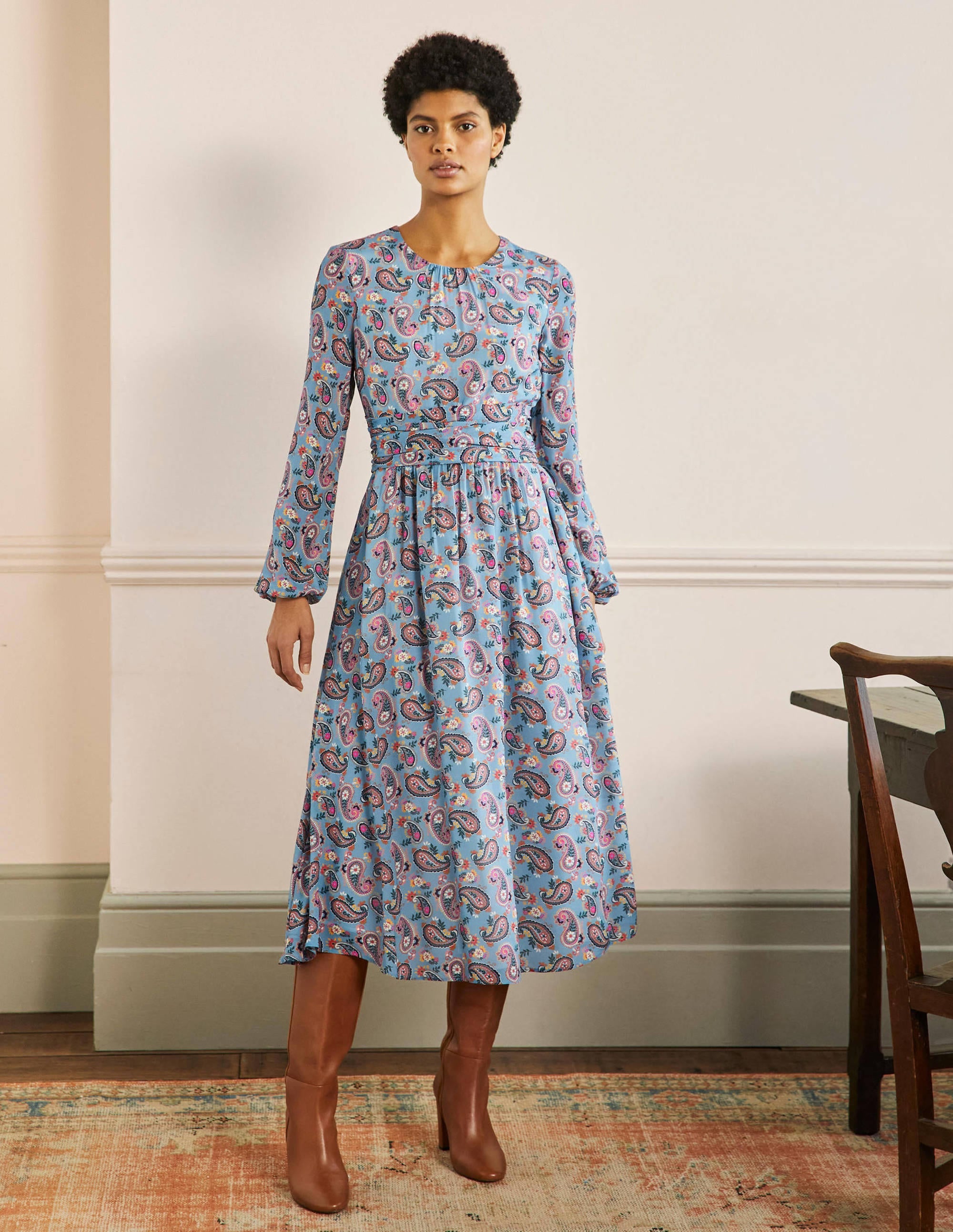  Ruched Waist Midi Dress-Dusty Blue, Paisley Bloom、mySite、ashleygrahame
