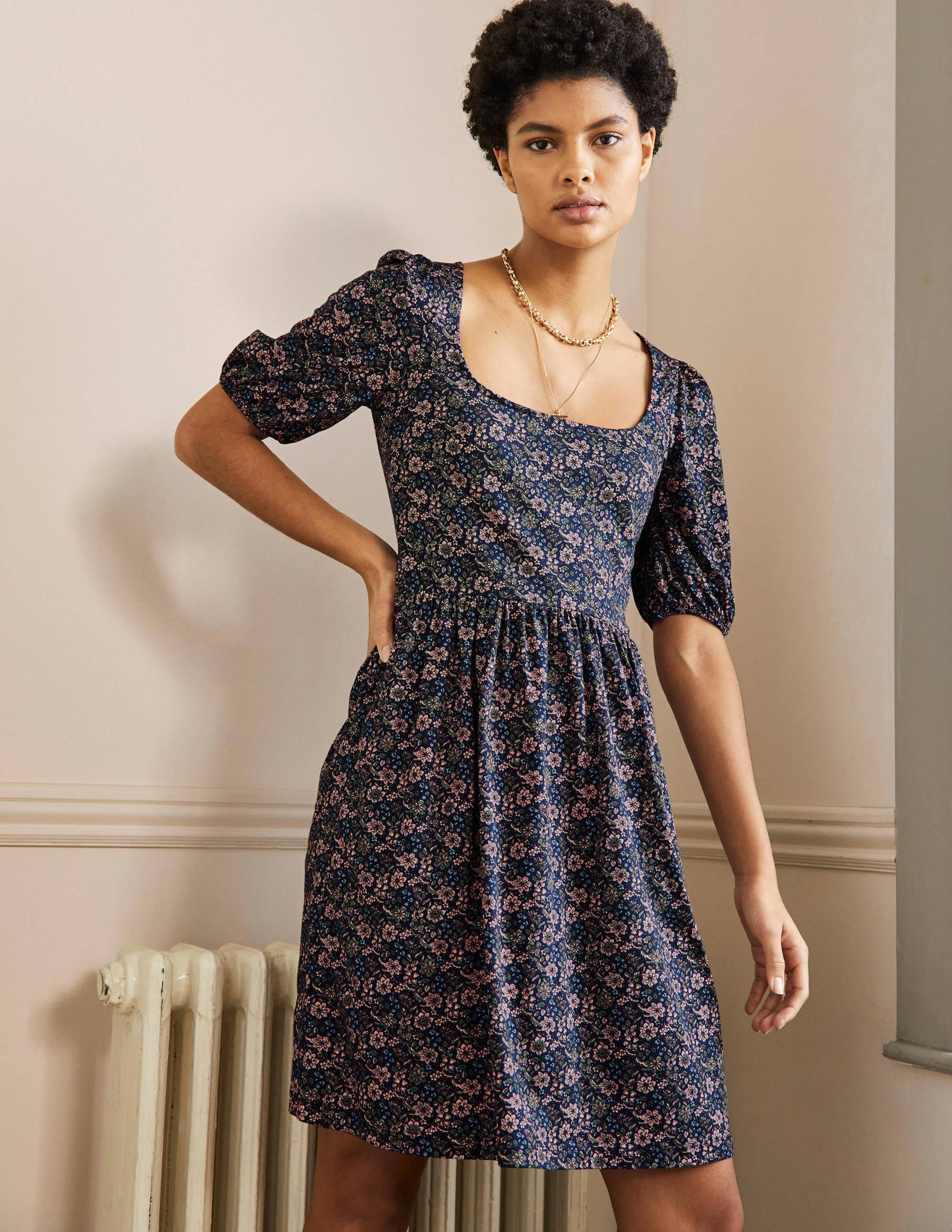  Square Neck Jersey Dress-French Navy, Floret Bloom、mySite、ashleygrahame