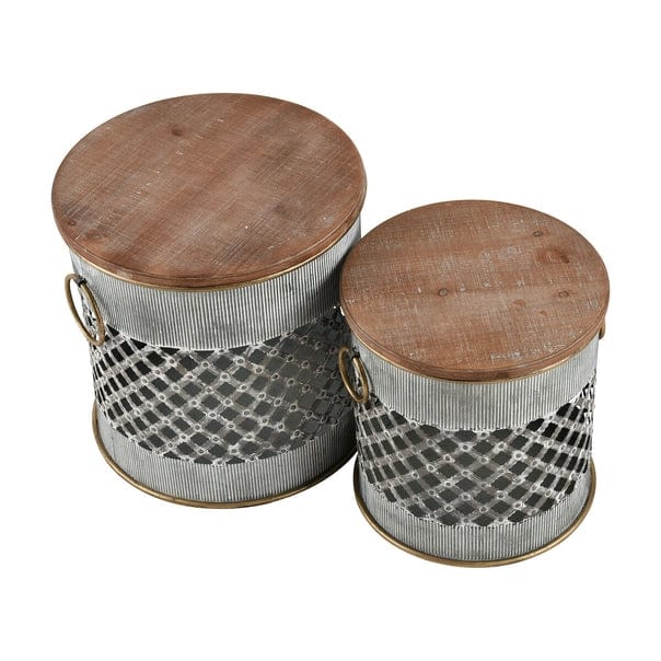 Set of 2 Parla Whitewashed Galvanized Metal & Wood Stools、mySite、g9winljtr