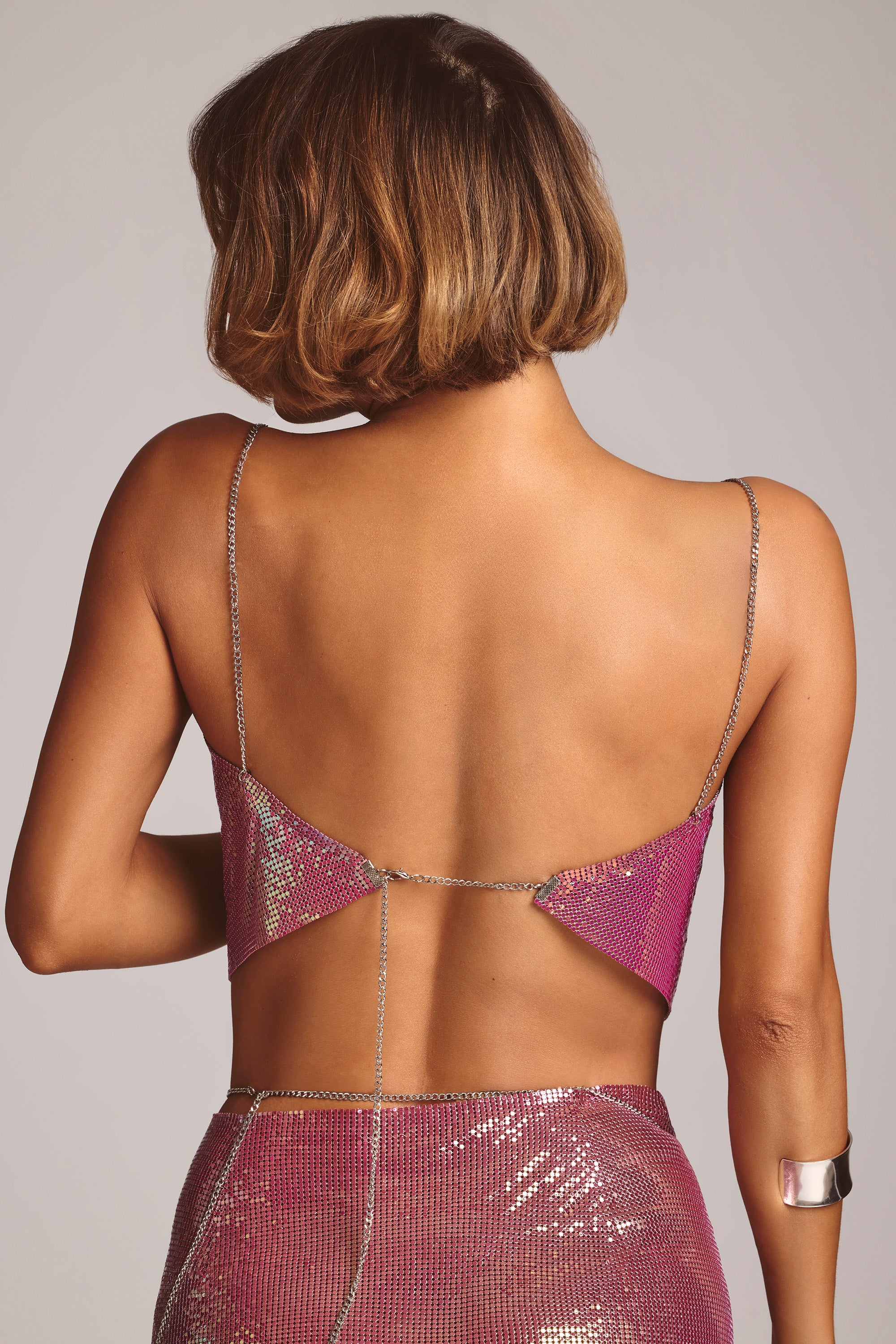 Premium Chainmail Cowl Neck Crop Top in Multi Pink、mySite、solidvoid