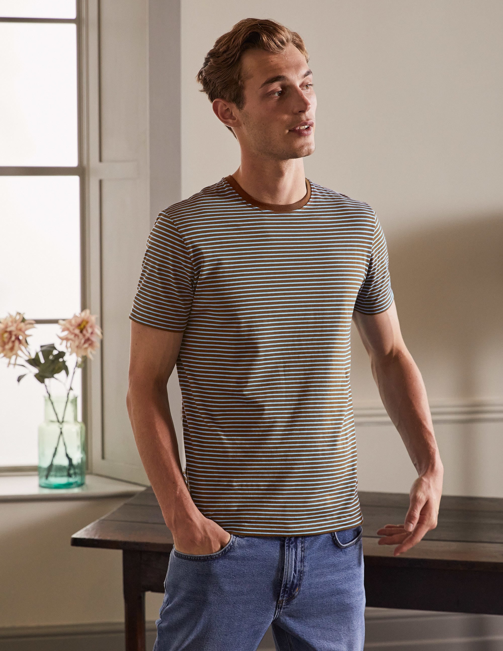  Classic Cotton T-shirt-Cacao/ Lichen Blue Stripe、mySite、ashleygrahame