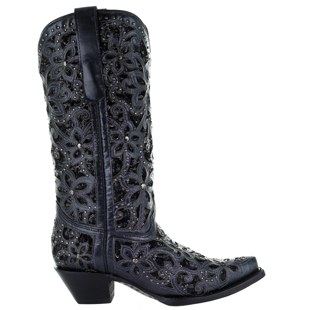 Floral Studded Rhinestones Sequins Tooled Inlay Snip Toe Cowboy Boots、mySite、gtrtttuynbv