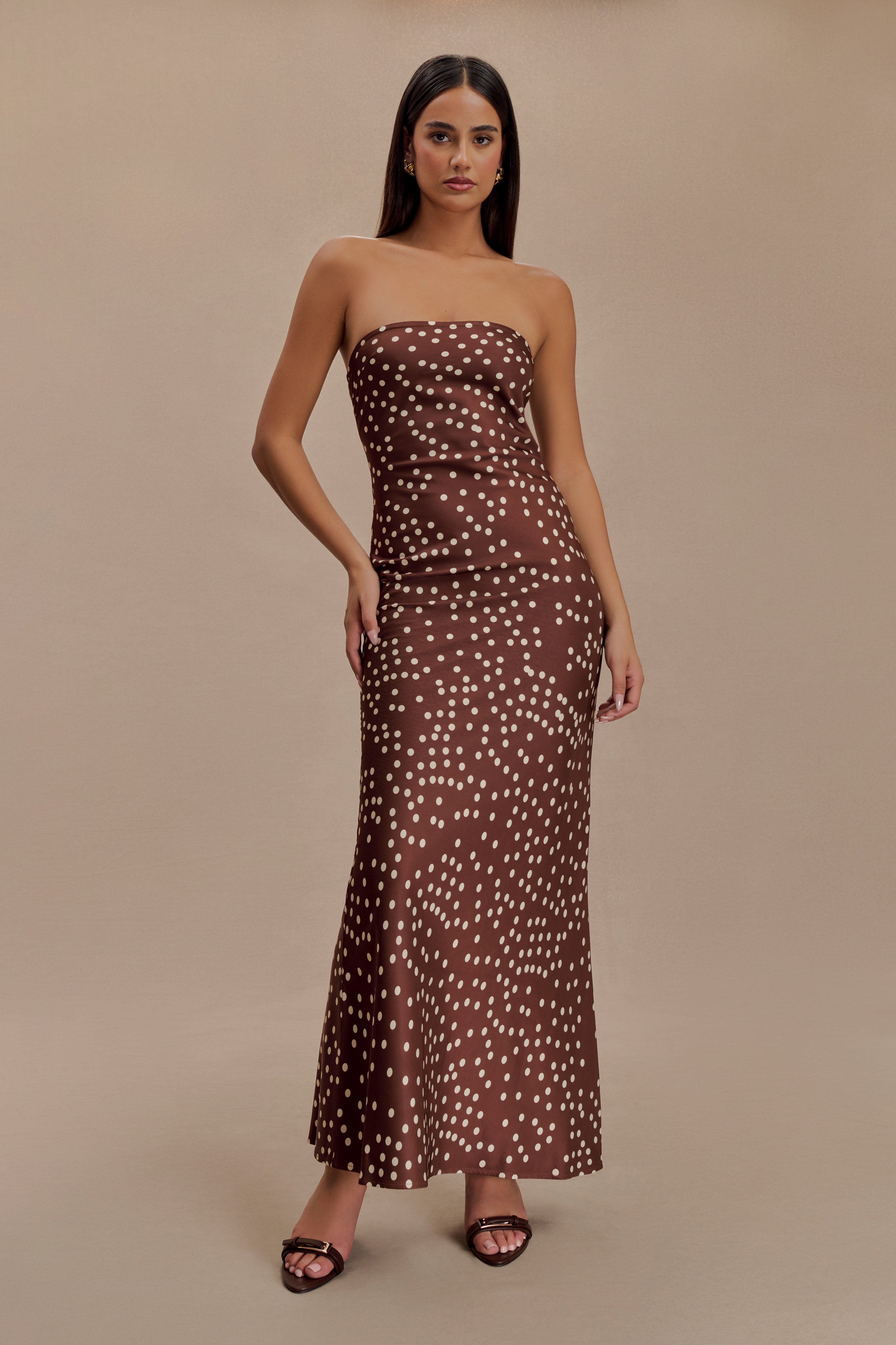 Claudette Strapless Satin Maxi Dress - Brown Polka Dot Print、mySite、solidvoid