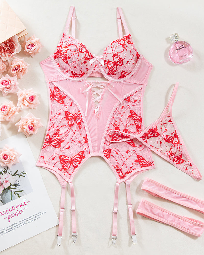 Butterfly Embroidered Lace Cross Straps Bra Set、mySite、bengalsvssteelers