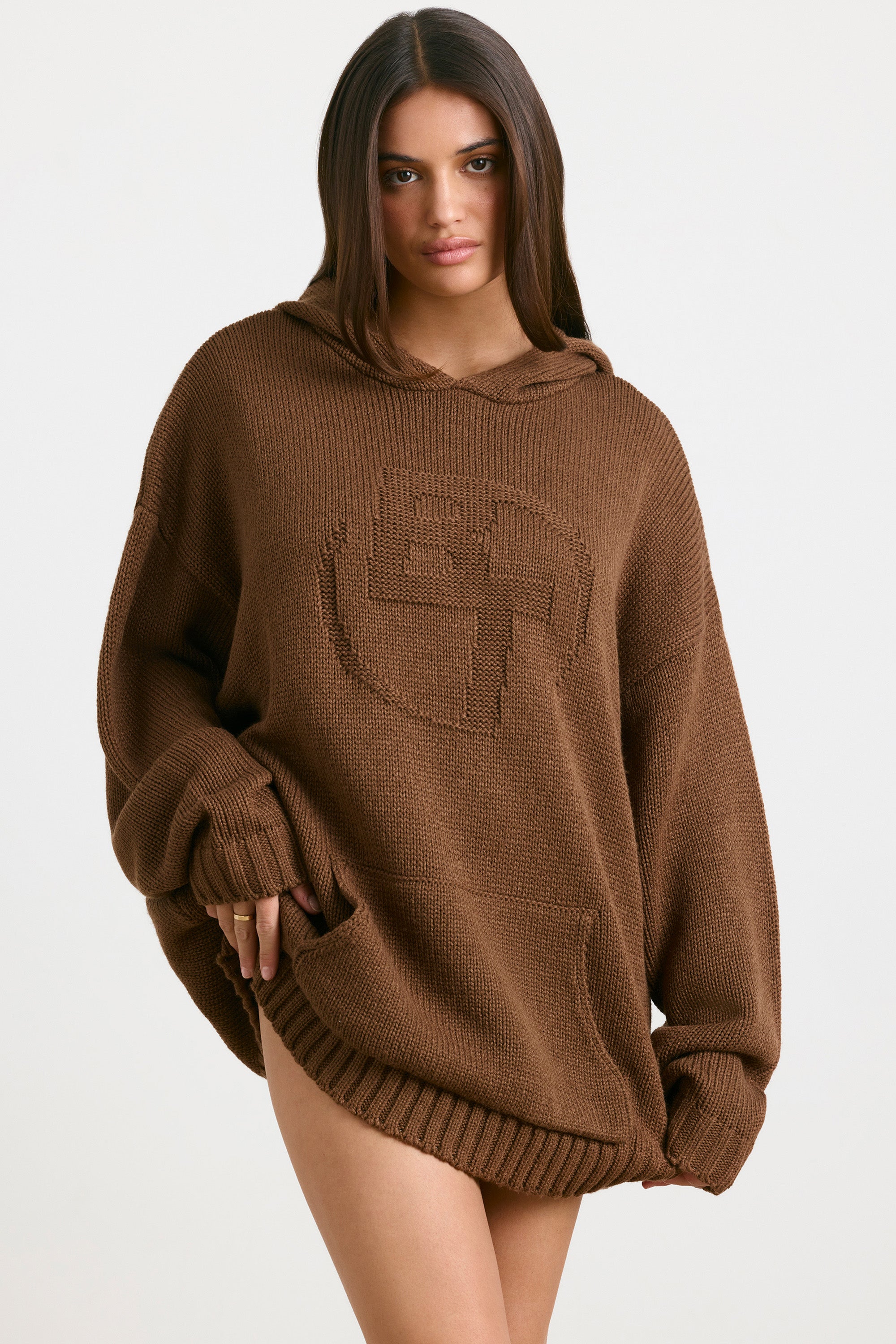 Oversized Chunky Knit Hoodie in Espresso、mySite、solidvoid