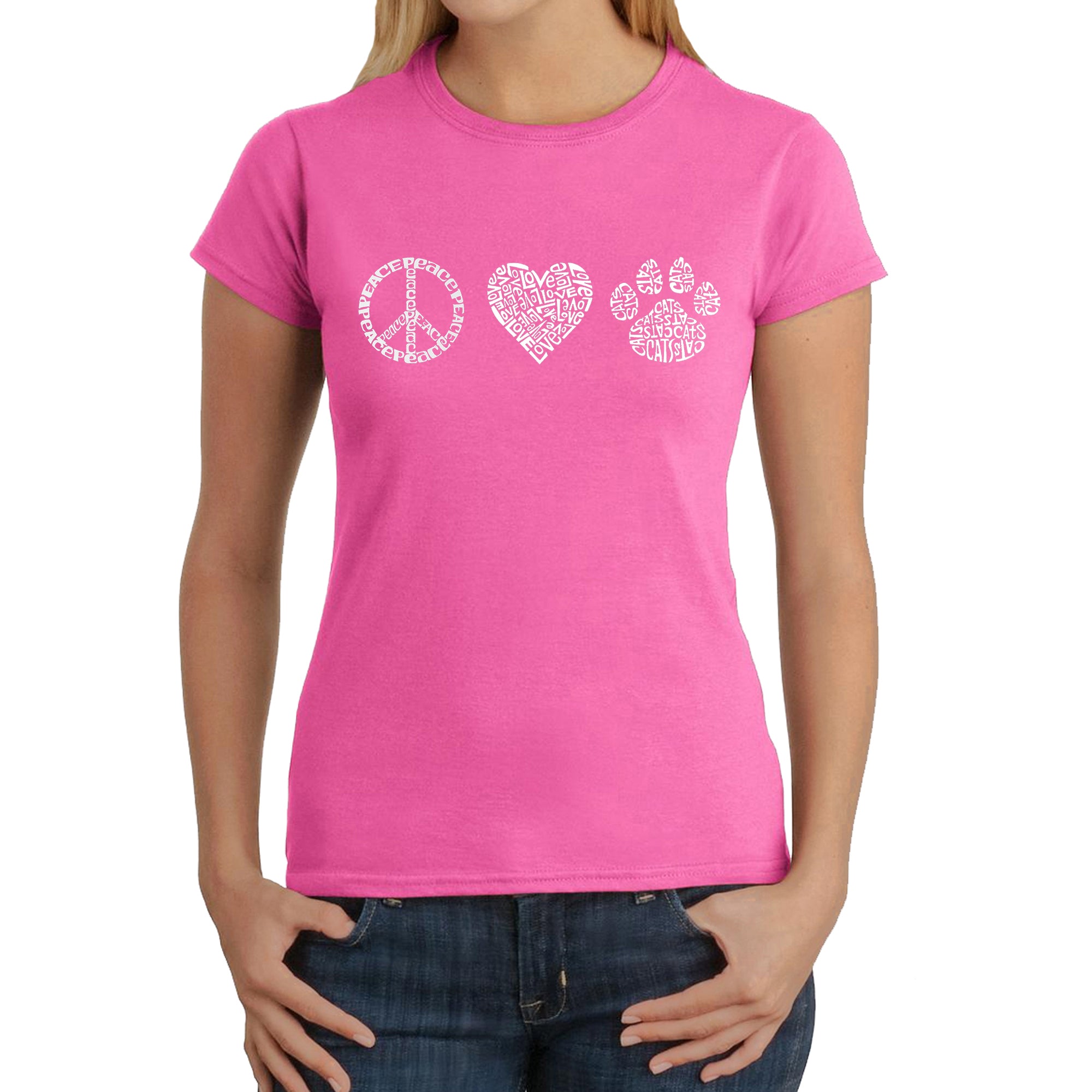Peace Love Cats - Women's Word Art T-Shirt、mySite、camillekostekn