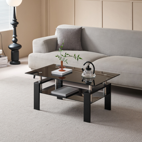 Tempered Black Glass Coffee Table, 2-Layers Tea Table、、casual