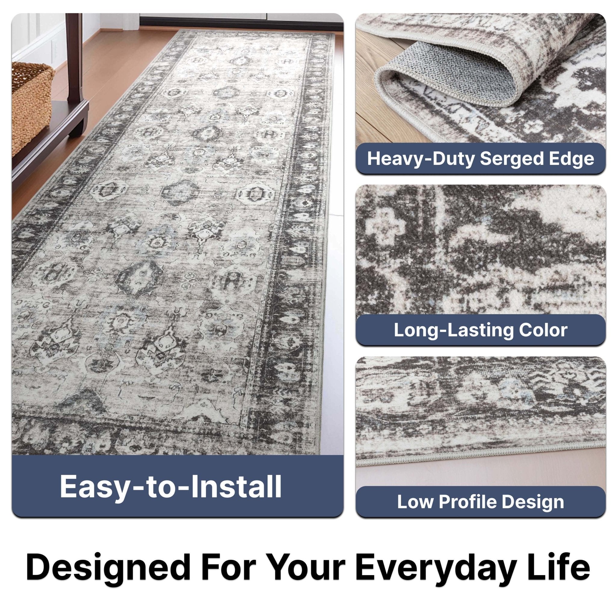 Elle Basics Intrigue Easy-Clean Washable Rug - Durable, Non-Slip, Low-Profile Design for Home Comfort、mySite、gigharbornorthrealestate