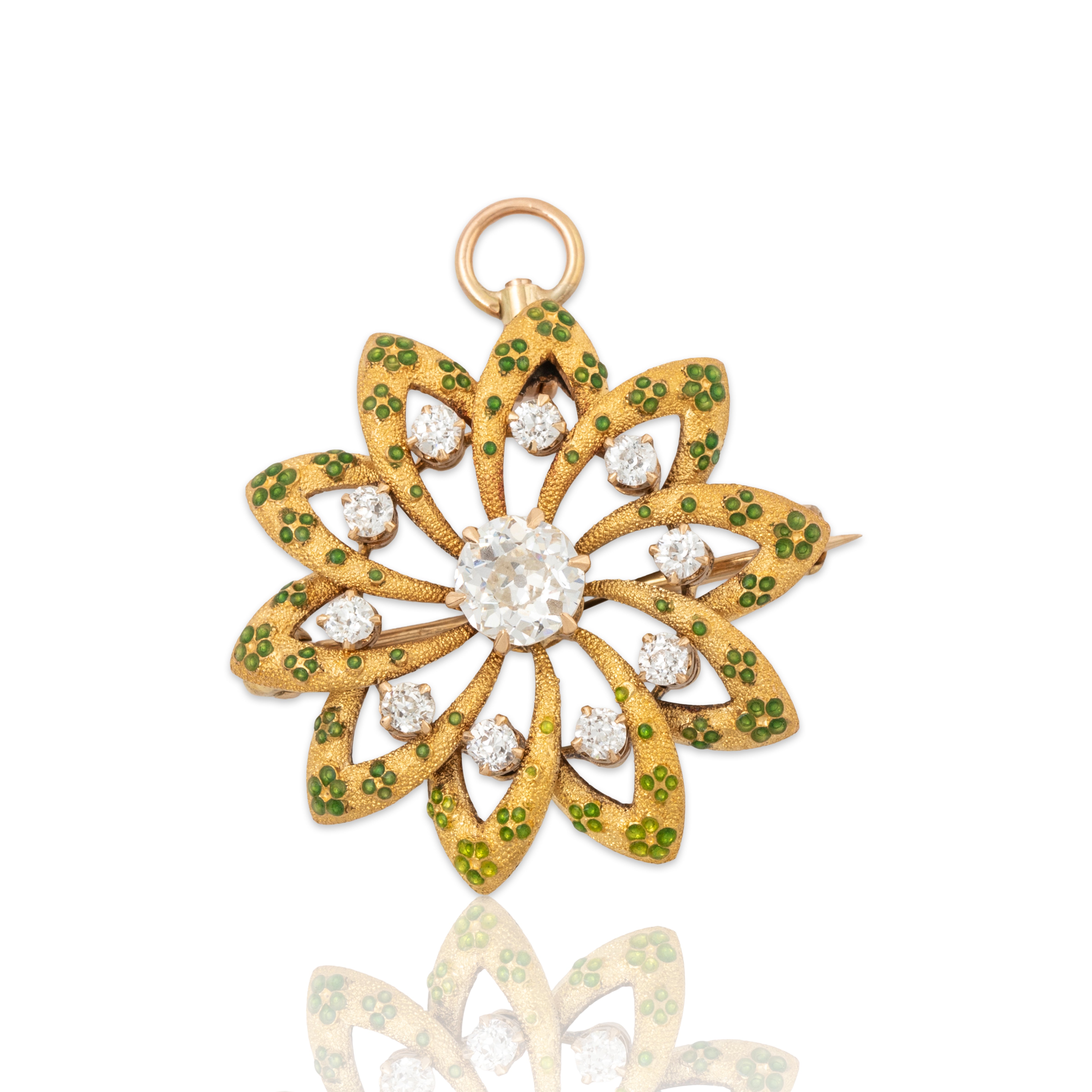 Antique Large 14k Yellow Gold Old Mine Diamond Enamel Green Floral Pin / Pendant、mySite、hinf8tx79