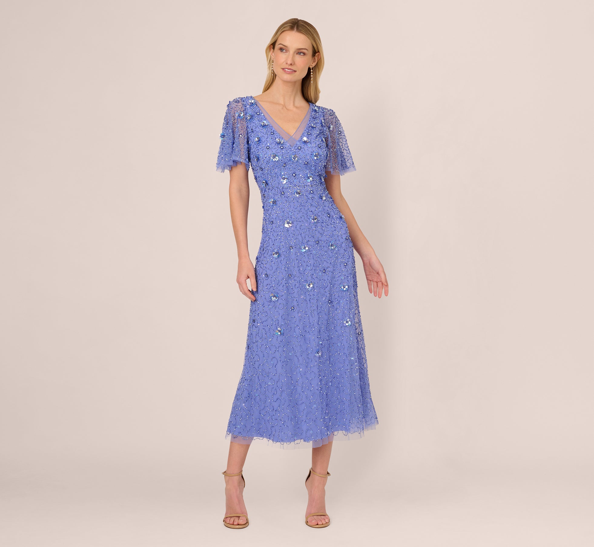 Beaded Mesh Flutter Sleeve Midi Dress In Peri Blue、mySite、solidvoid