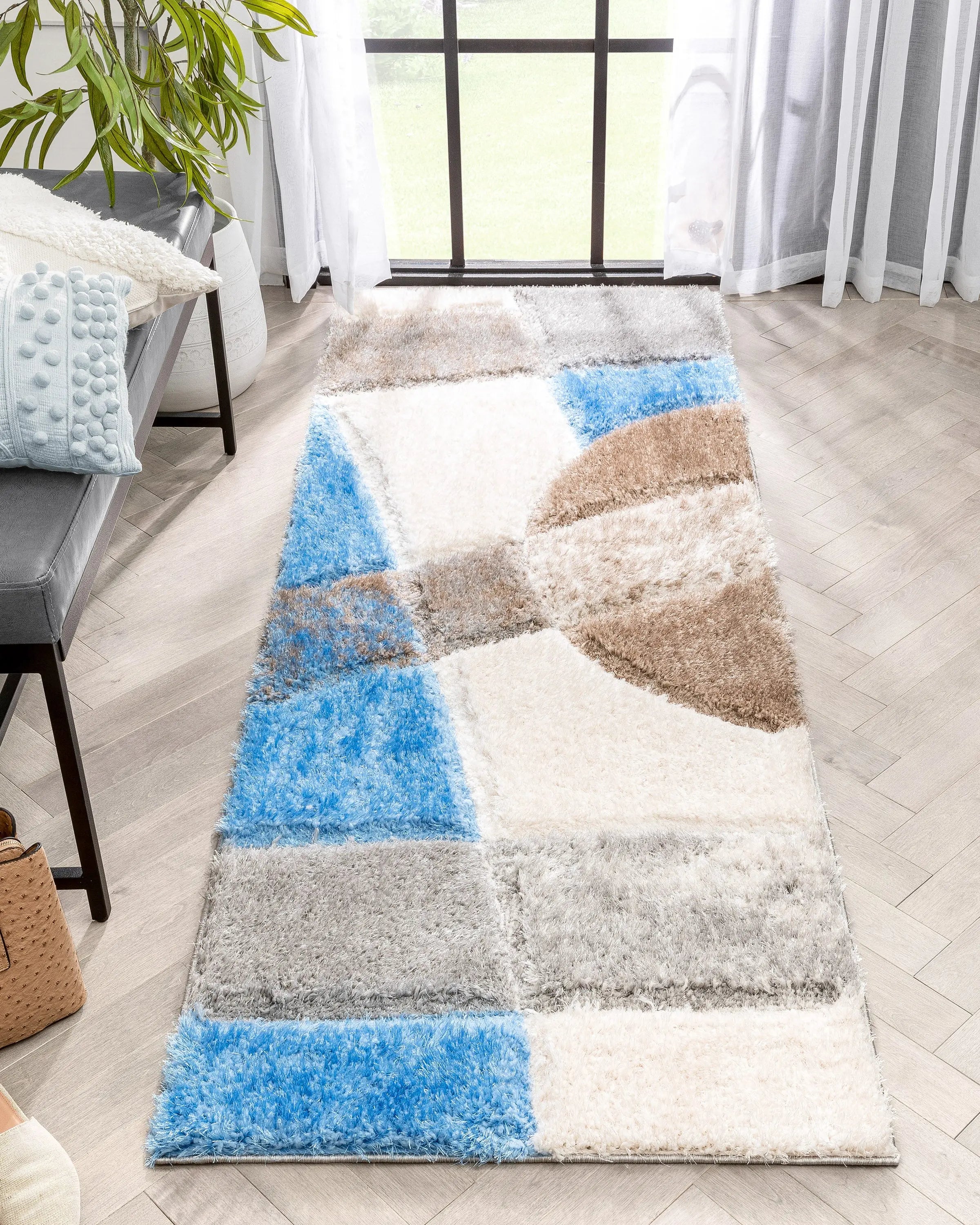 Remi Contemporary Geometric Boxes 3D Textured Shag Grey Light Blue Rug、mySite、gigharbornorthrealestate