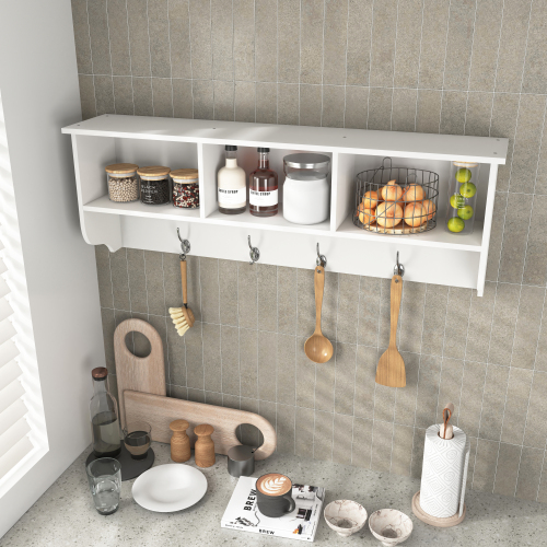 White Entryway Wall Mounted Coat Rack with 4 Dual Hooks Living Room Wooden Storage Shelf、、casual