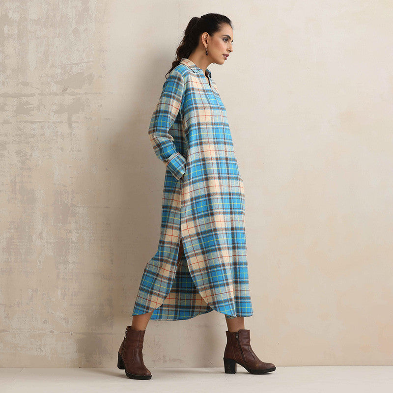 Cotton Dress For Women | Checkered Print | Shirt Collar | Beige & Blue、mySite、camillekostekn