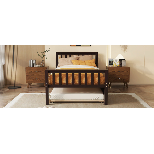 Twin Bed with Trundle, Platform Bed Frame with Headboard and Footboard, for Bedroom Small Living Space,No Box Spring Needed,White(New SKU:W504P148532)、、casual