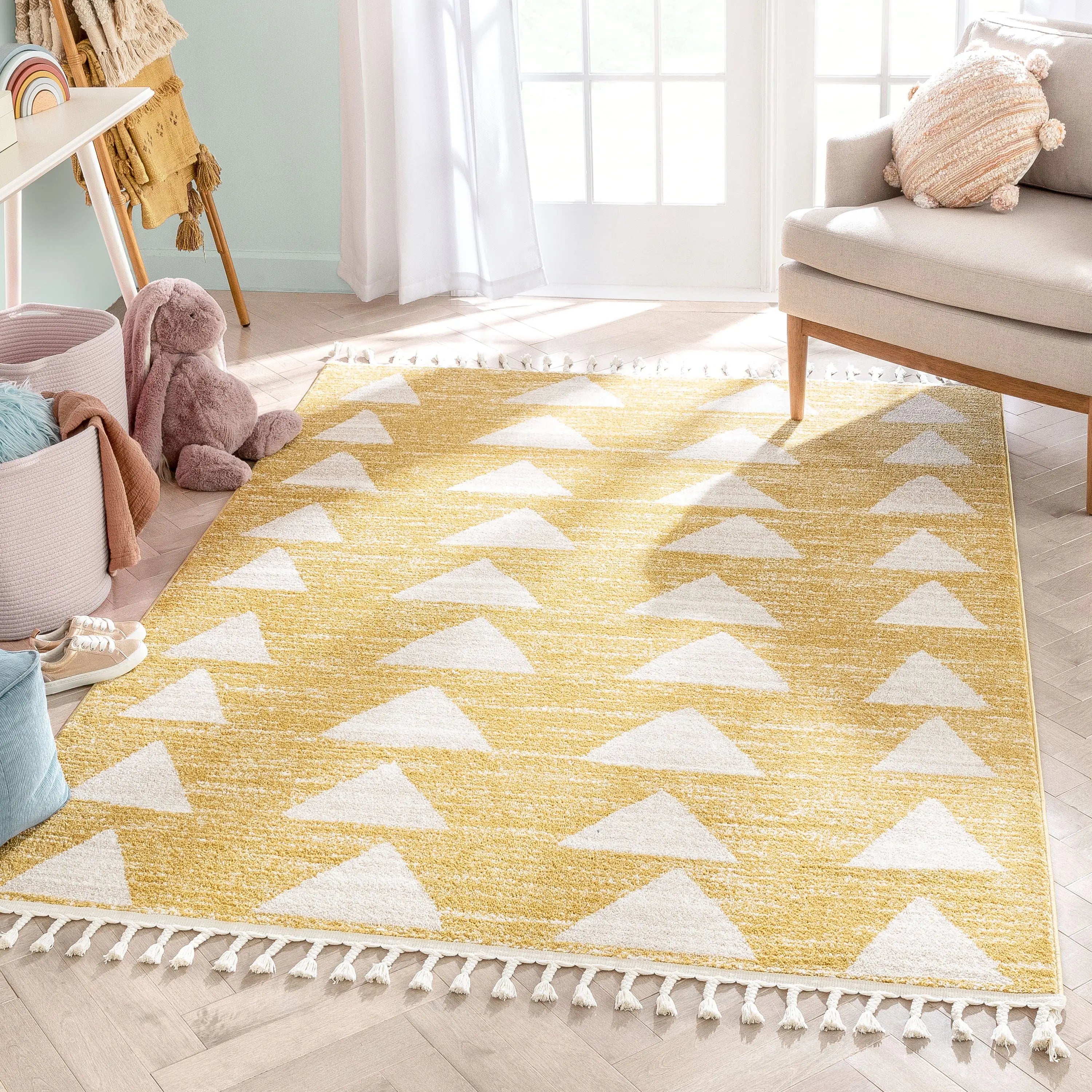 Triangles Modern Geometric Pattern Yellow Kids Rug、mySite、gigharbornorthrealestate