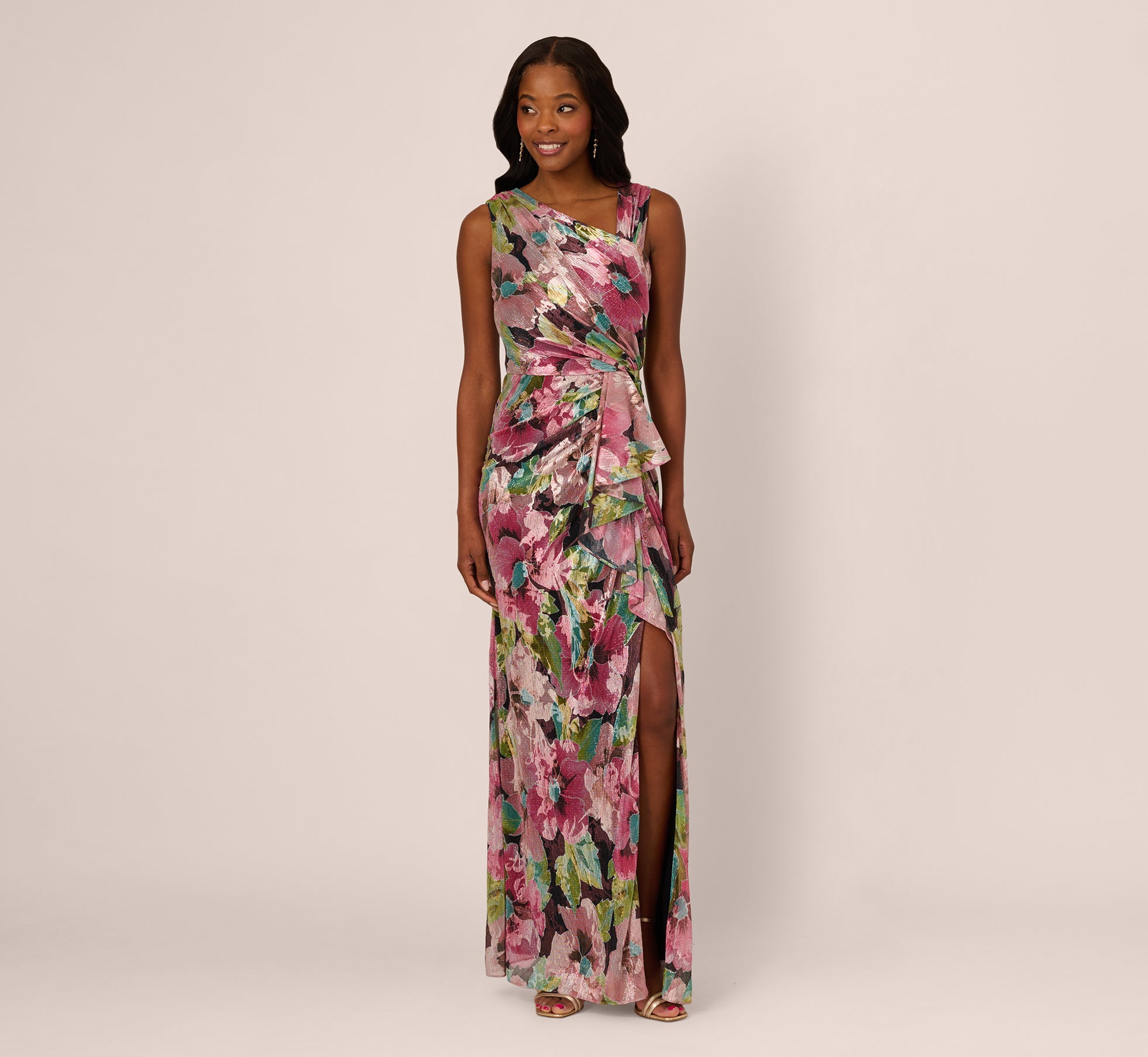Sleeveless Asymmetrical Metallic Floral Gown In Navy Pink Multi、mySite、solidvoid