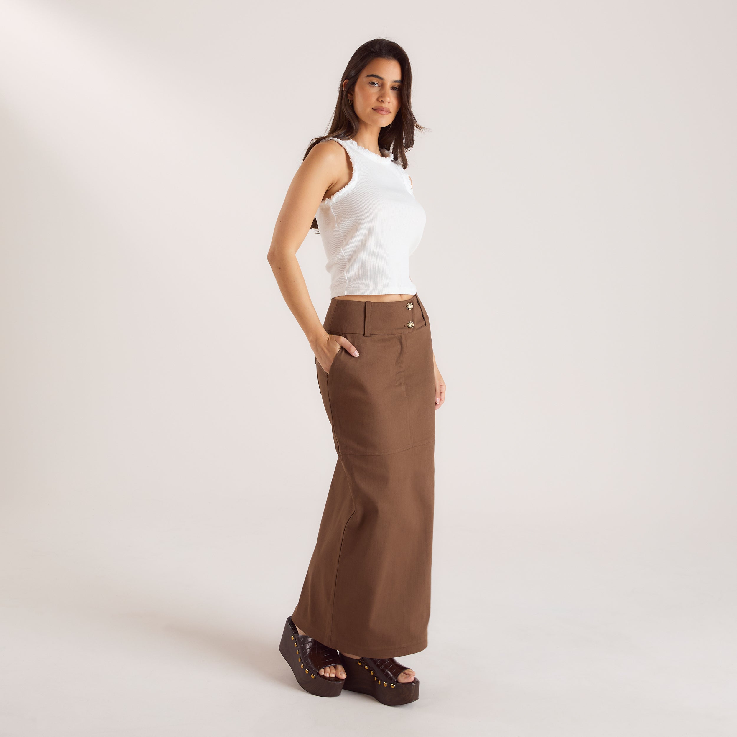 Double Button Woven Maxi Skirt - Chocolate、mySite、bengalsvssteelers