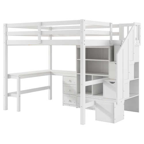 Twin Size Loft Bed with L-Shaped Desk and Drawers, Cabinet and Storage Staircase, White、、casual