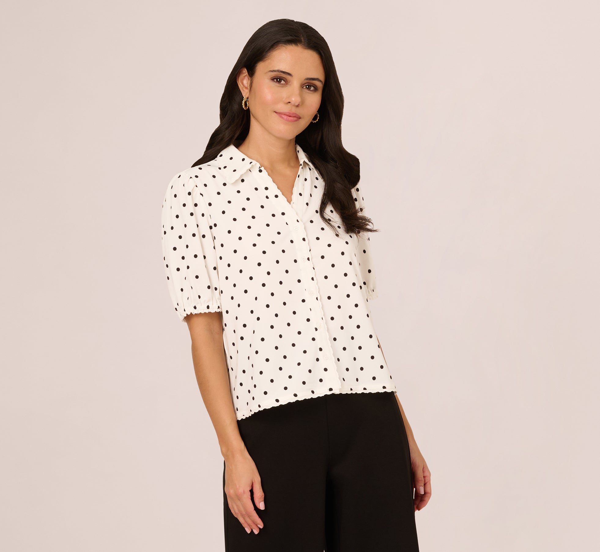 Short Sleeve Printed Button Front Blouse In Ivory Black Timeless Dot、mySite、solidvoid