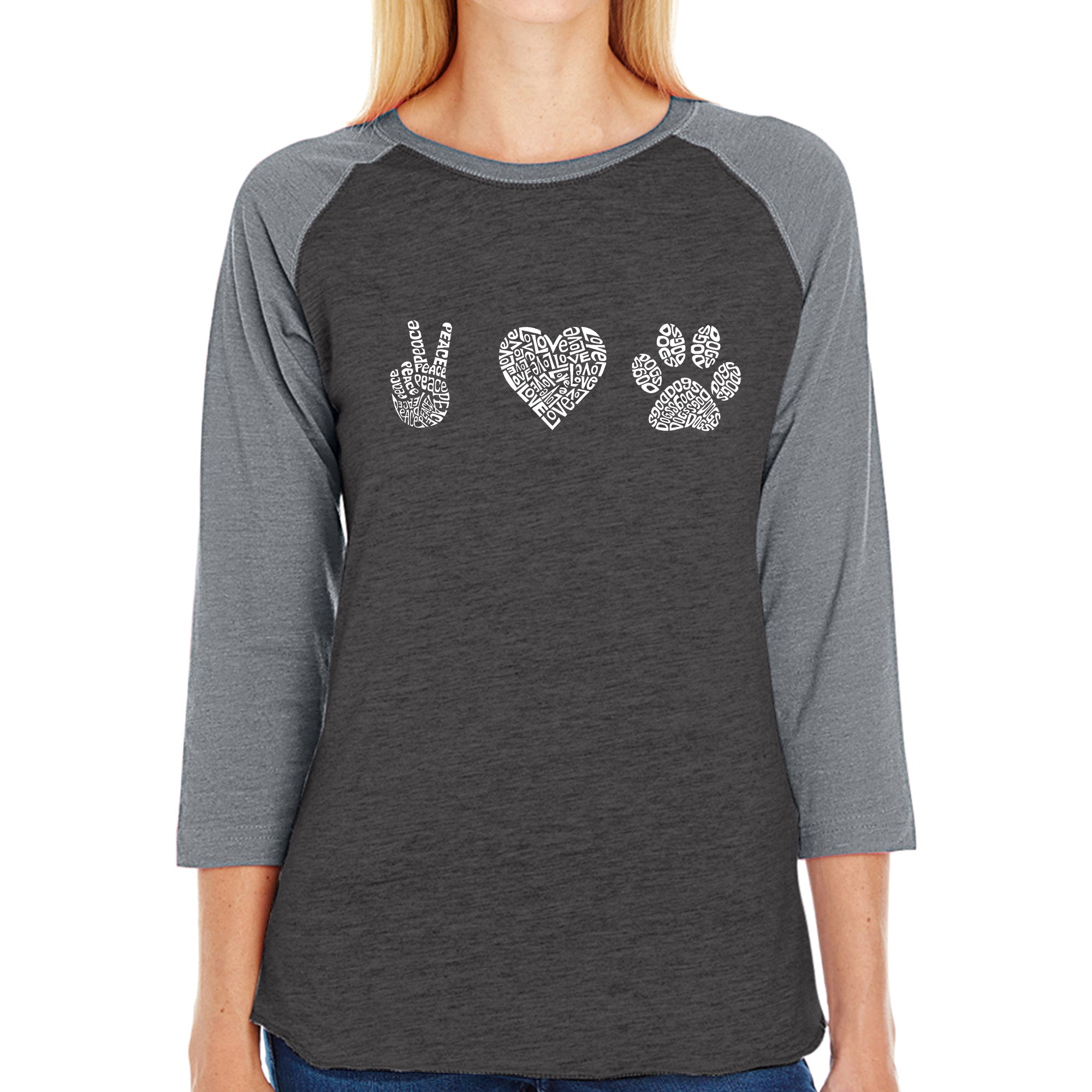 Peace Love Dogs - Women's Raglan Word Art T-Shirt、mySite、camillekostekn