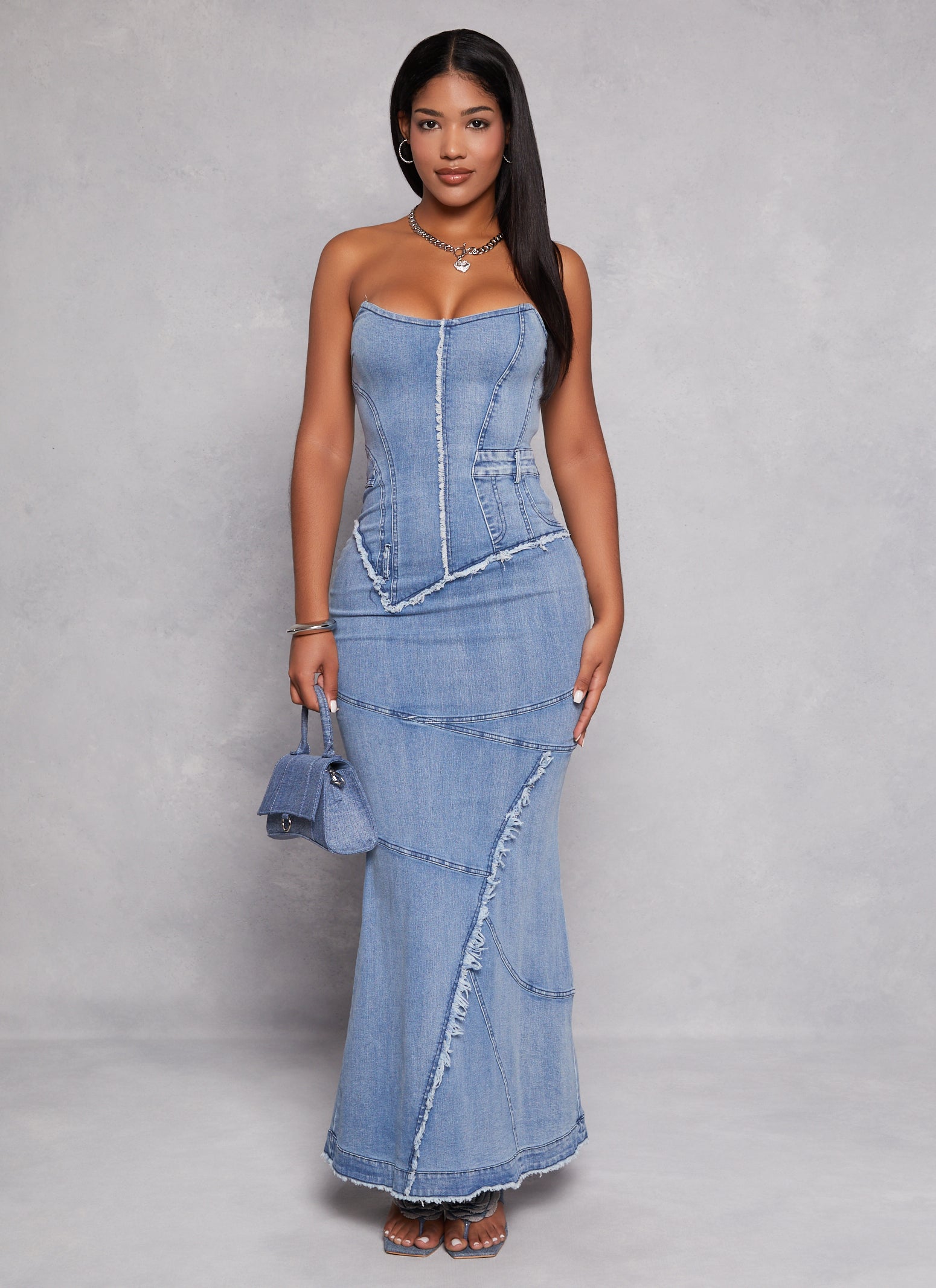 Denim Frayed Corset Maxi Dress、mySite、camillekostekn