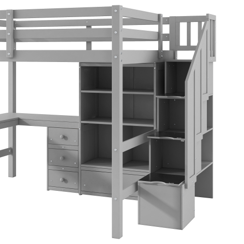 Twin Size Loft Bed with L-Shaped Desk and Drawers, Cabinet and Storage Staircase, White、、casual