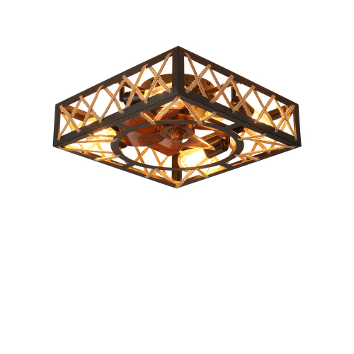 Farmhouse Rustic Ceiling Fan and Remote Control,Square Caged Industrial Ceiling Fixture with 6 Speeds & Noiseless DC Motor for Kitchen Dining Room Living Room Bedroom、、eastwooduniform