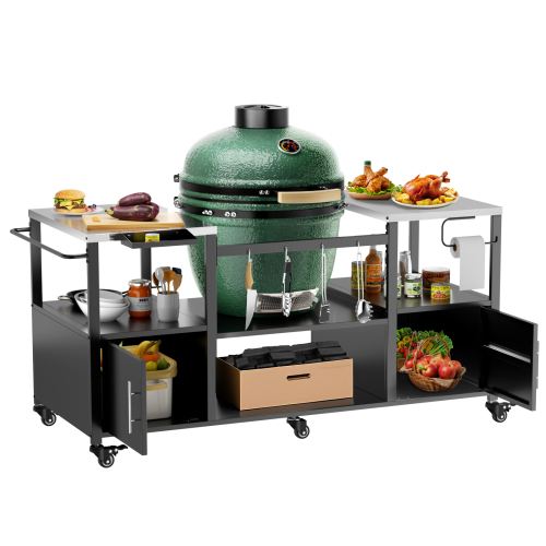 Outdoor Grill Table for Big Green Egg Style BBQ, Metal Grill Cart with Storage Box, Compatible with up to Large Green Egg, Kamado Joe Jr、、eastwooduniform